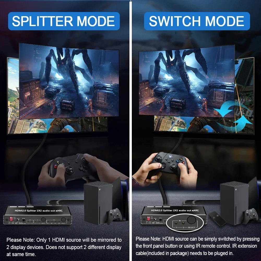 

In stock In stockhdmi Splitter Switch HDMI 2.0 4K60Hz Splitter 2X2 Audio Out EARC EDlD Dolby hdmi Splitter 1 in 2 Out for QLED