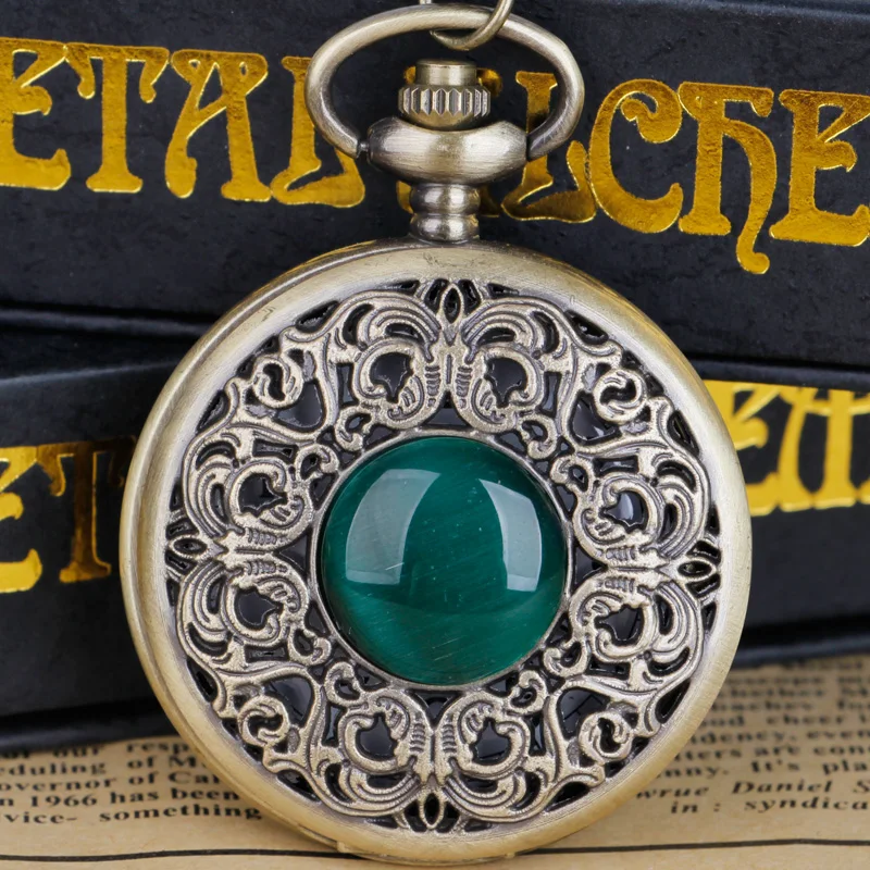 Vintage Arabic numerals face hollowed-out carving jade quartz pocket watch Bronze elegant style ladies gift clothing accessories