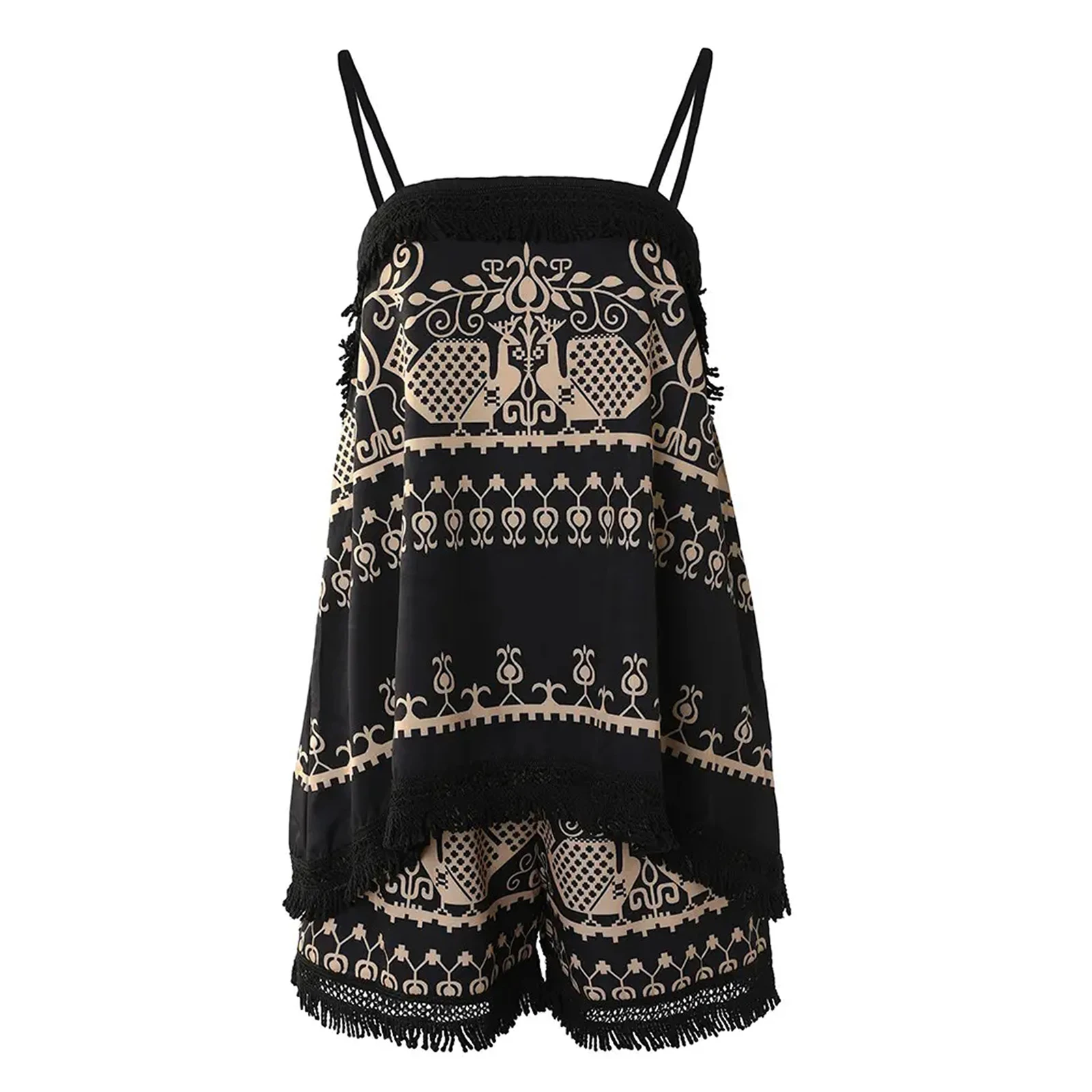 New Women Vintage Printing Pants Suit Spaghetti Strap Fringed Camisole And Loose Fit Shorts Casual Everyday Wear Hot S-XL