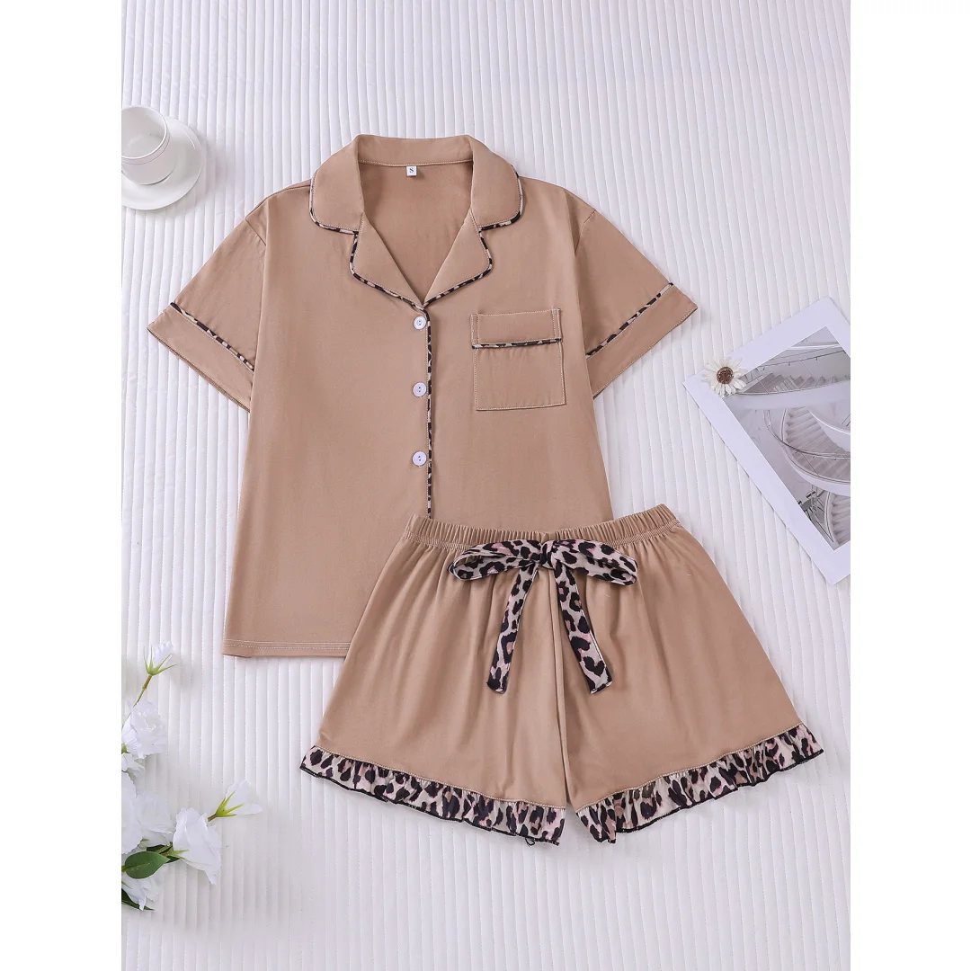 

Light Brown Women‘s Pajamas with Leopard Pattern Lapel Short Sleeves and Shorts Home Wear Set Loungewear Valentine's Day Gifts