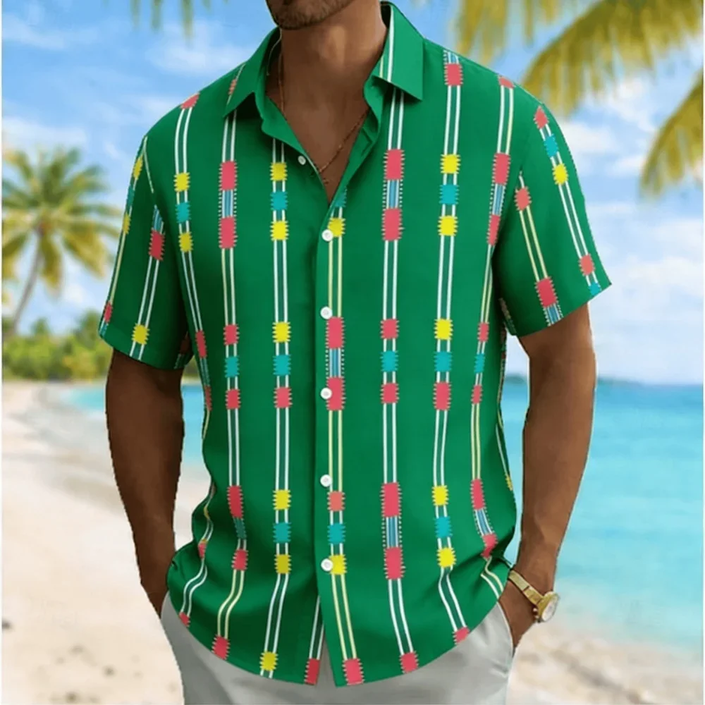 

Мужская рубашка с коротким рукавом и геометрическим принтом в вертикальную полоску, летняя повседневная блузка с отложным воротником, свободный крой