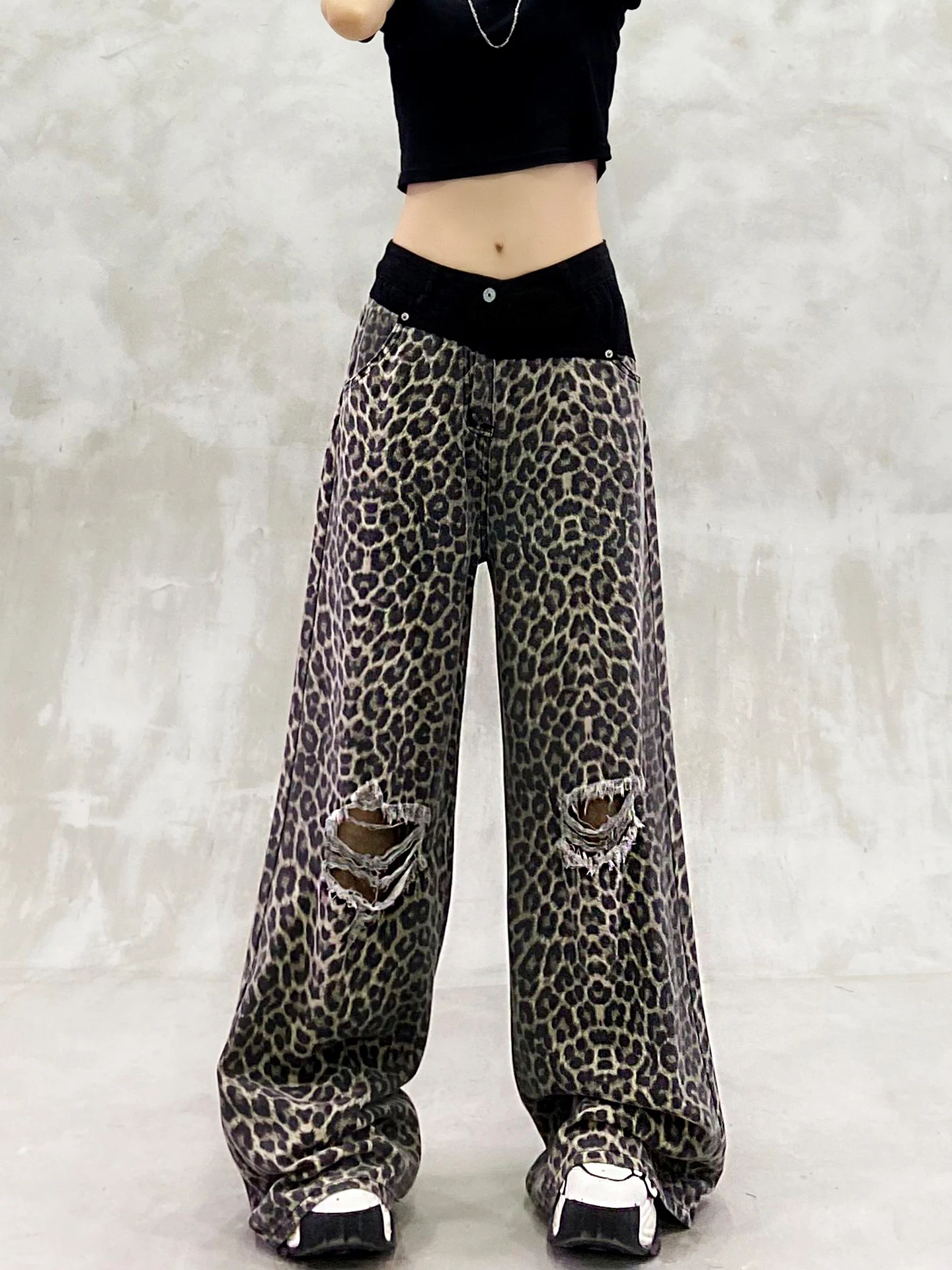 Elegant Leopard Print Splicing Sexy Personality Ripped Jeans Girl Summer New High Waist Loose Versatile Straight Wide-leg Pants