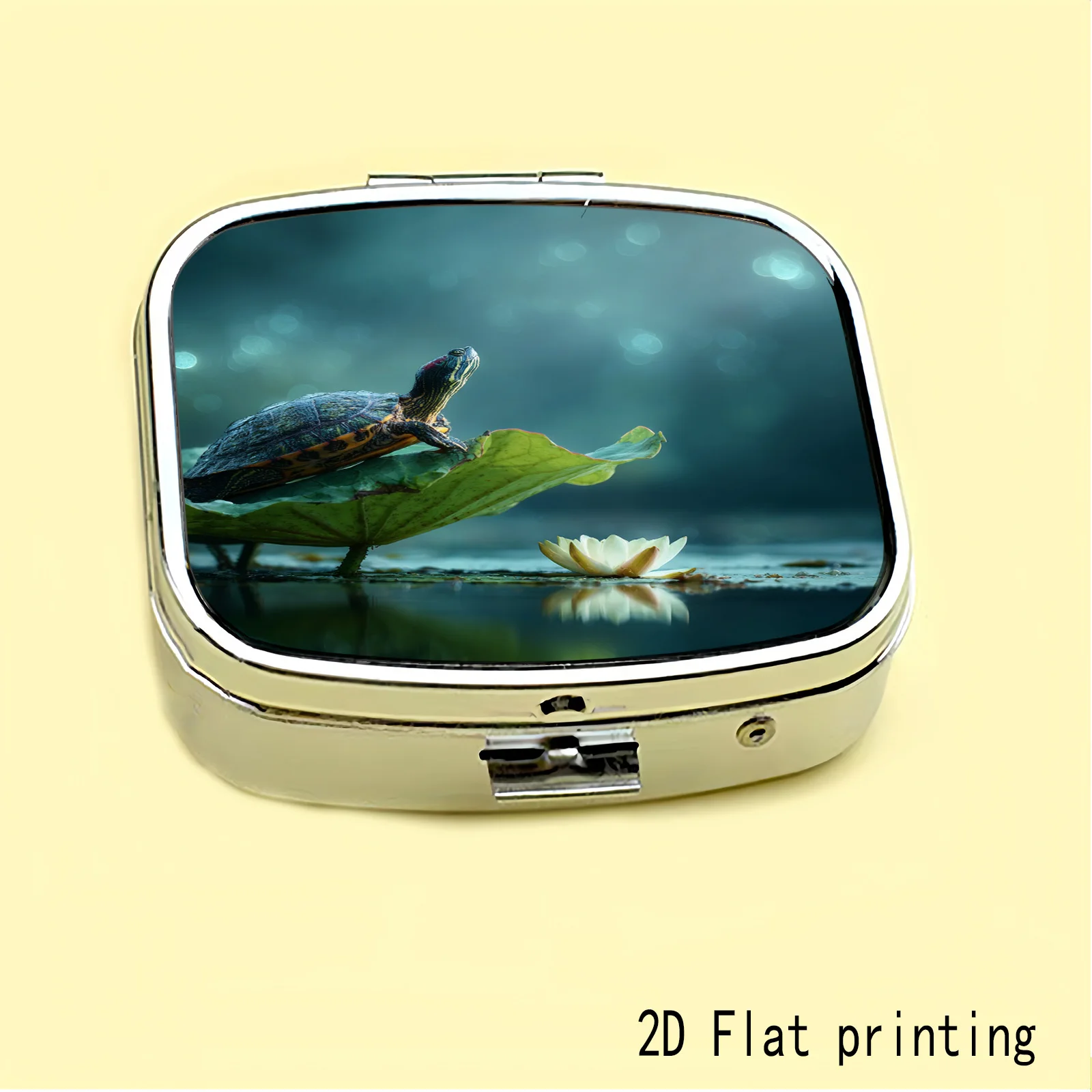 Pattern of Turtles Resting on White Lotus Flowers in a Tranquil Ecological Setting, Two Types of Small Pill Boxes Available: One with Three Compartments and One with Two Square Compartments, Portable Medicine Storage, Suitable for Handbags or Travel, Elegant Design, Polished Finish, Exclusive for Daily Medication Users.