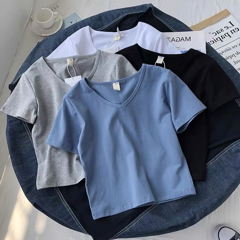  Elegant Short Sleeve V-Neck T-Shirt Women's High Waist Top Pure Color Spring Summer New Design Korean Style Slim Fit Commute 