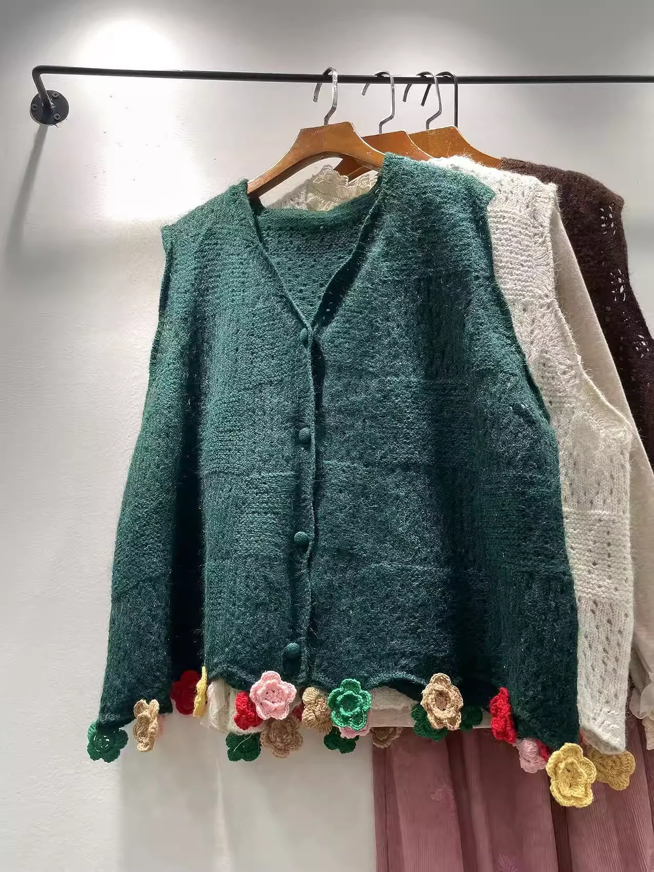 

Mori Kei Fashion Beige Green Coffee Sweater Vest for Women Japan Style Handmade Embroider Flower Cardigan