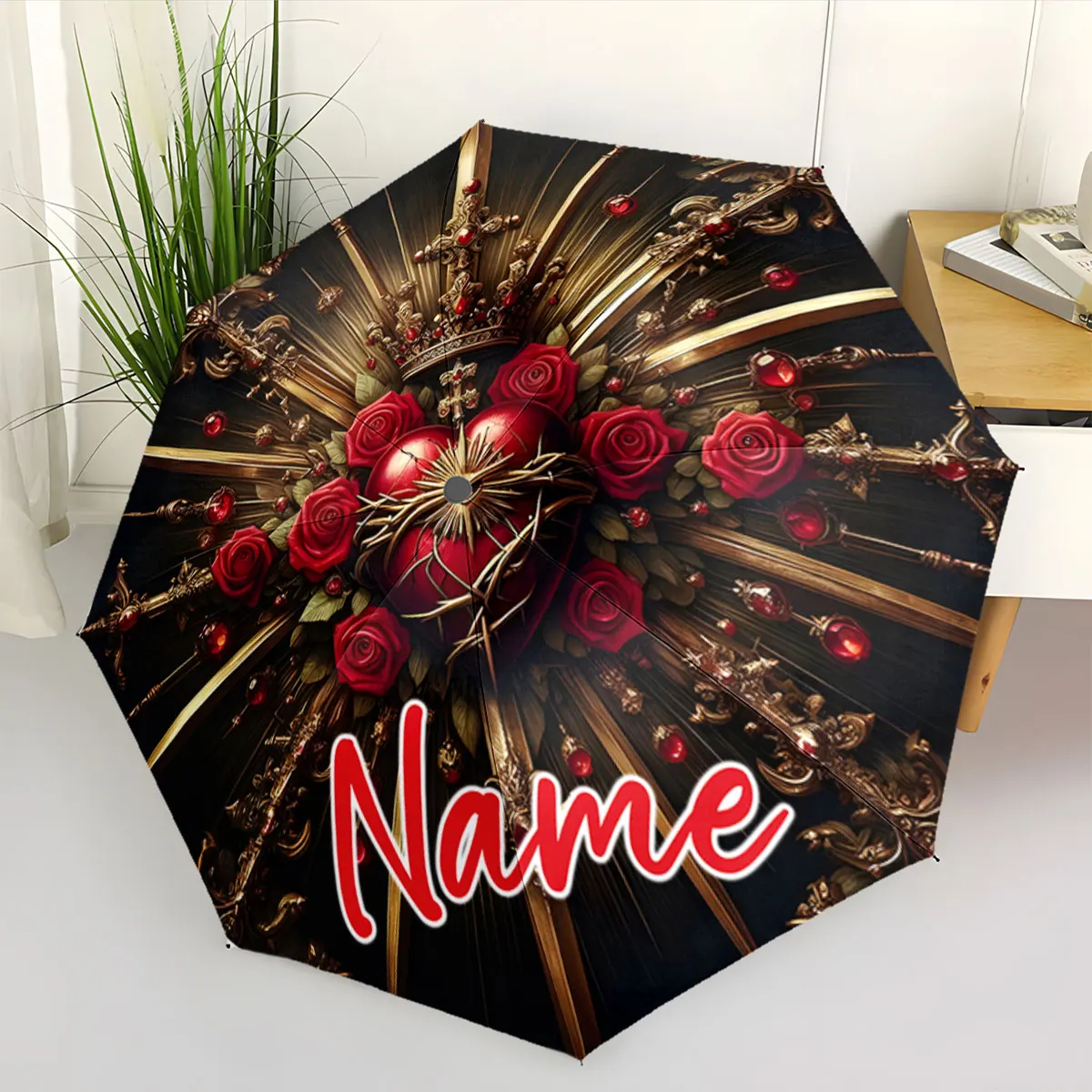 Custom Name  Artistic Umbrella with Roses and Gold Design Print 8 Iron Ribs Folding Umbrella Auto-Open Fashion Sunshade