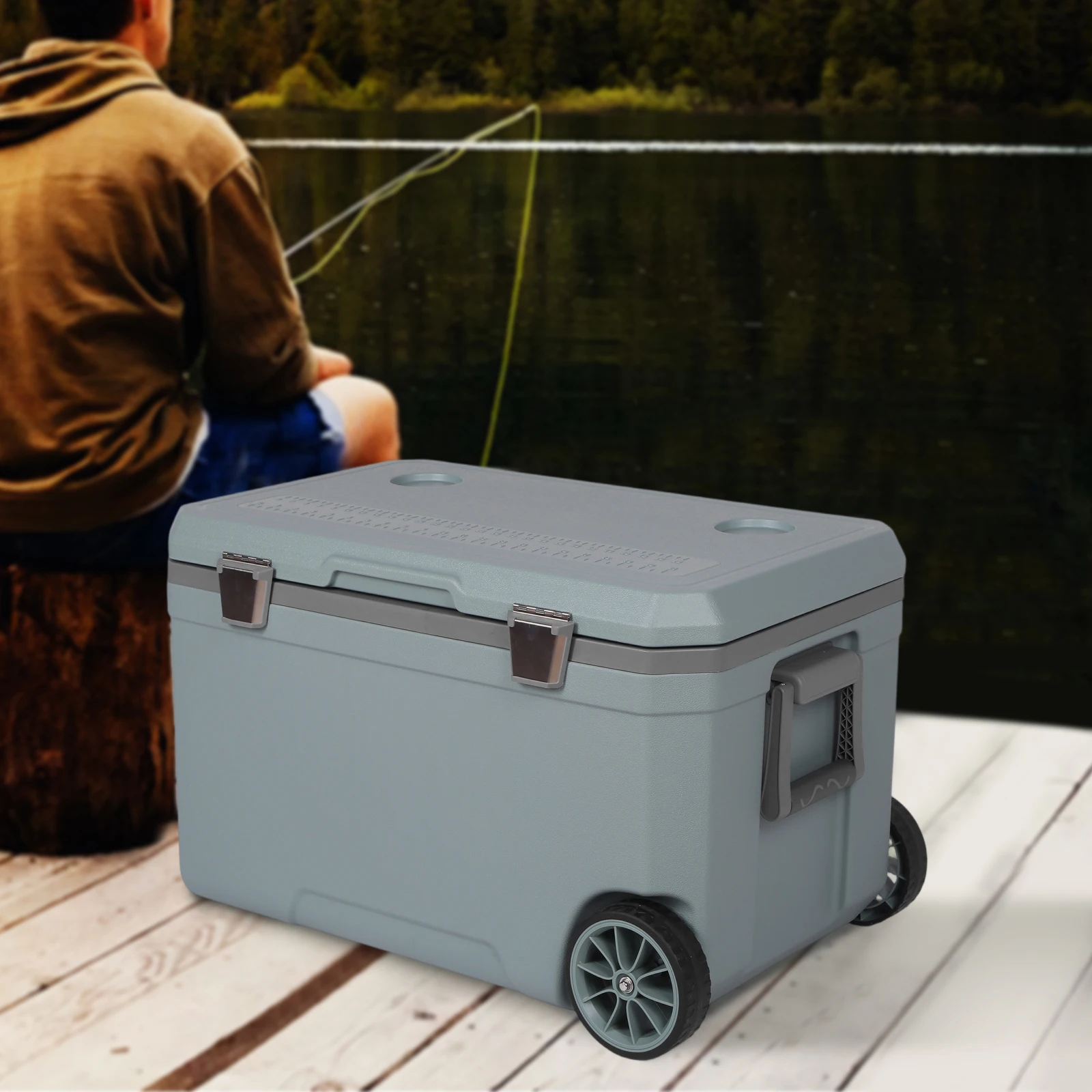 70L Wheeled Cooler Hard Shell Portable Car Wheel Insulator Plastic Cooler Box 30 Percent Lighter Than Rotomolded for BBQ Camping