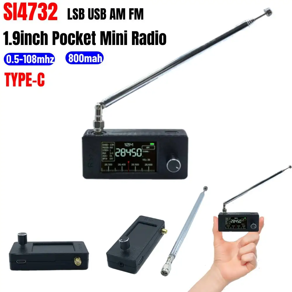 SI4732 0.5-108mhz Portable Pocket Mini Radio HF SW MW VHF All Band Radio Receiver 1.9inch IPS HD Color Screen Radio with Antenna