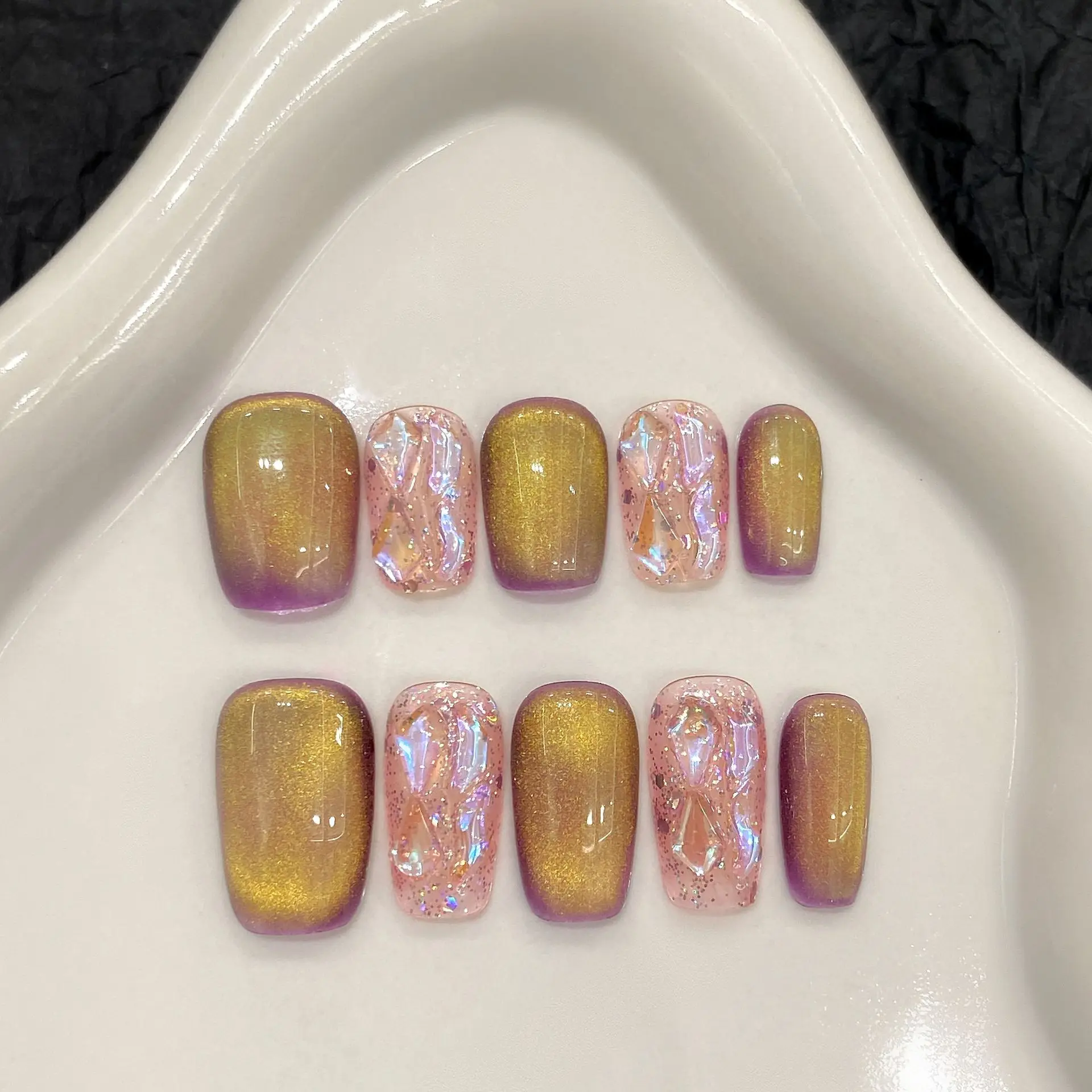 10 stuks handgemaakte korte druk op nagels glanzende twee kleuren cat eye glitter pailletten strass ontwerp nepnagels draagbare nepnagels tip