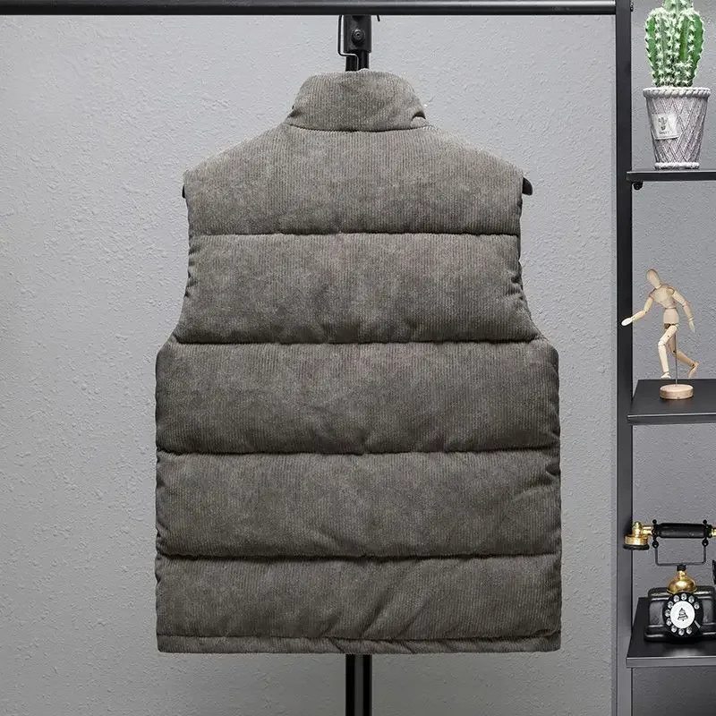 Man Corduroy Stand Collar Warm Vest Cargo Thick Zipper Comfort Sleeveless Vest Solid Color Flocking Waistcoats Clothing 5XL