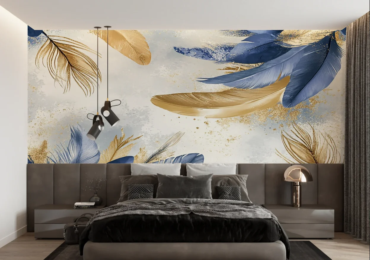 Customized size leaf wallpaper Blue Gold abstract feather photo background wall decoration painting abstract feather wallpaper