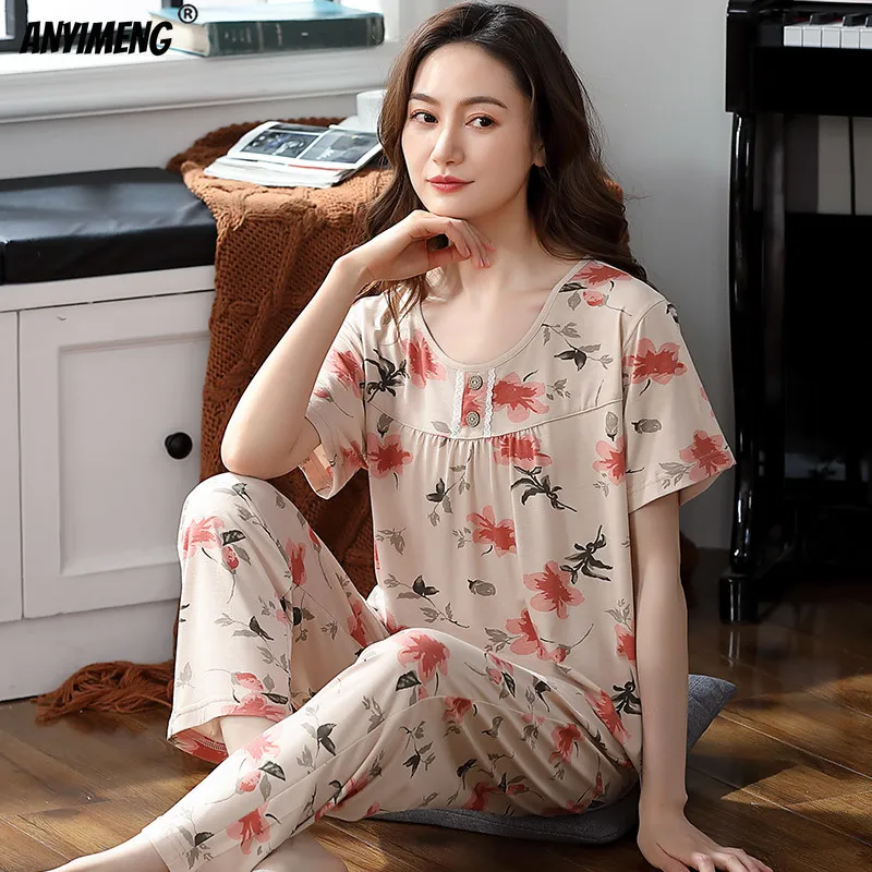 New Summer Women Pajamas Modal Woman Sleepwear Floral Print Short Sleeve Long Pants Pijamas Fashion Soft Female Homewear