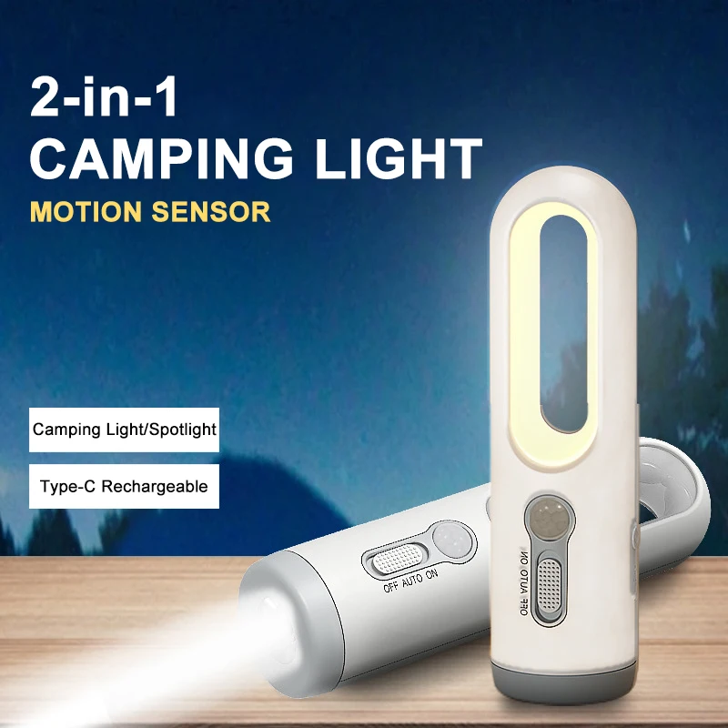 

2-in-1 Motion Sensor LED Night Light Portable Flashlight Rechargeable Waterproof Camping Light Bedroom Bedside Reading Lamp