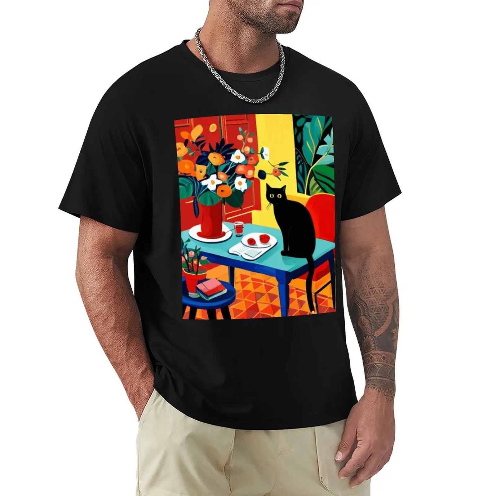 

Still Life with Black Cat and Flowers T-Shirt heavyweights vintage t shirts mens t shirts top quality