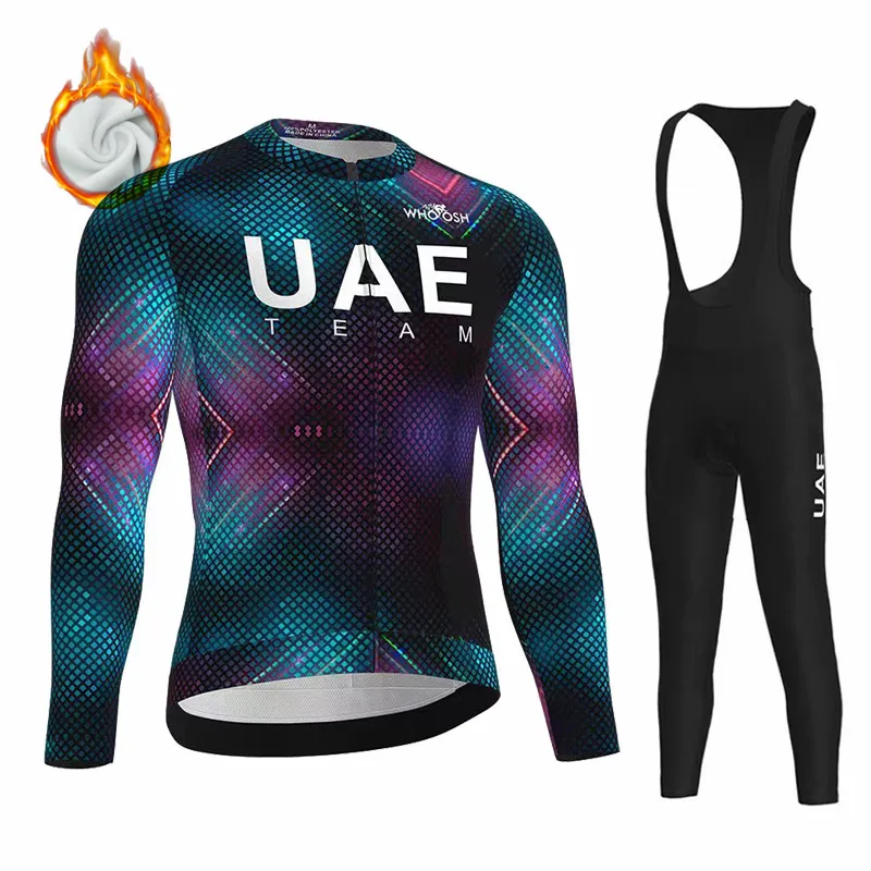 

New UAE 2025 Cycling Jersey Set Winter Thermal Fleece Black Gradient Long-Sleeve Road Pants Bib Bike Suit MTB Maillot Ropa