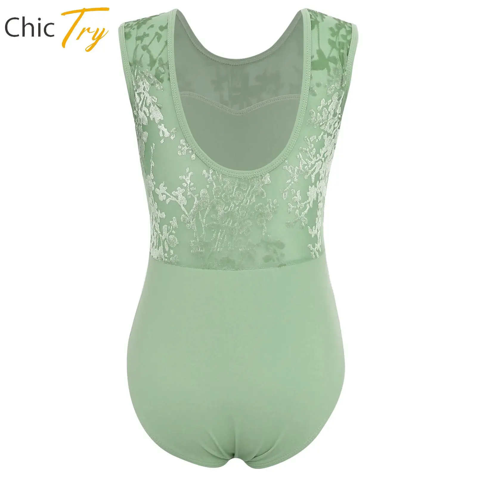 

3 Colors Kids Girls Fashion Bodysuit U-Back Sleeveless Velvet Printed Mesh Leotard for Ballet Ice Skating Performance Dancewear