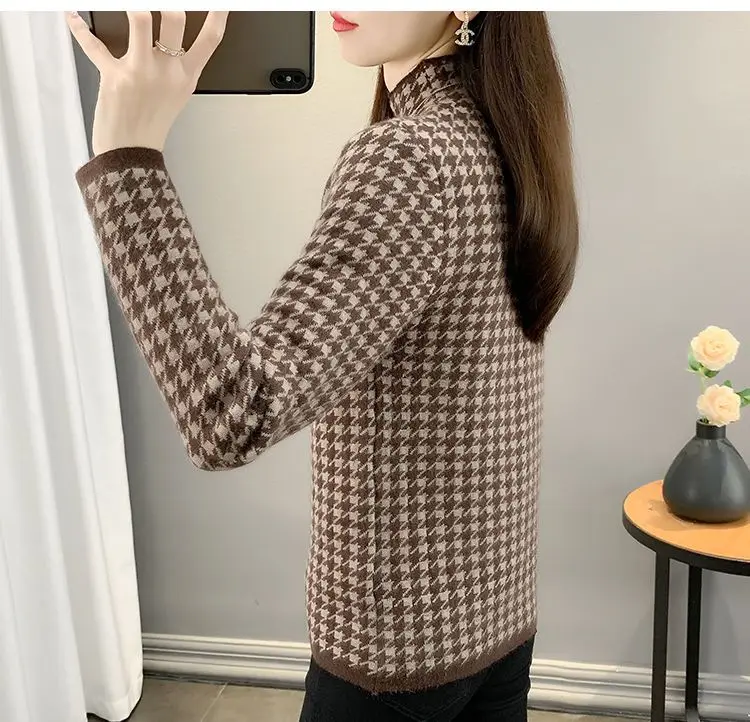 Autumn Winter New Thickened and Plush Half High Collar Plaid Pullovers Sweaters Women\'s Fashion Simplicity Loose Long Sleeve Top