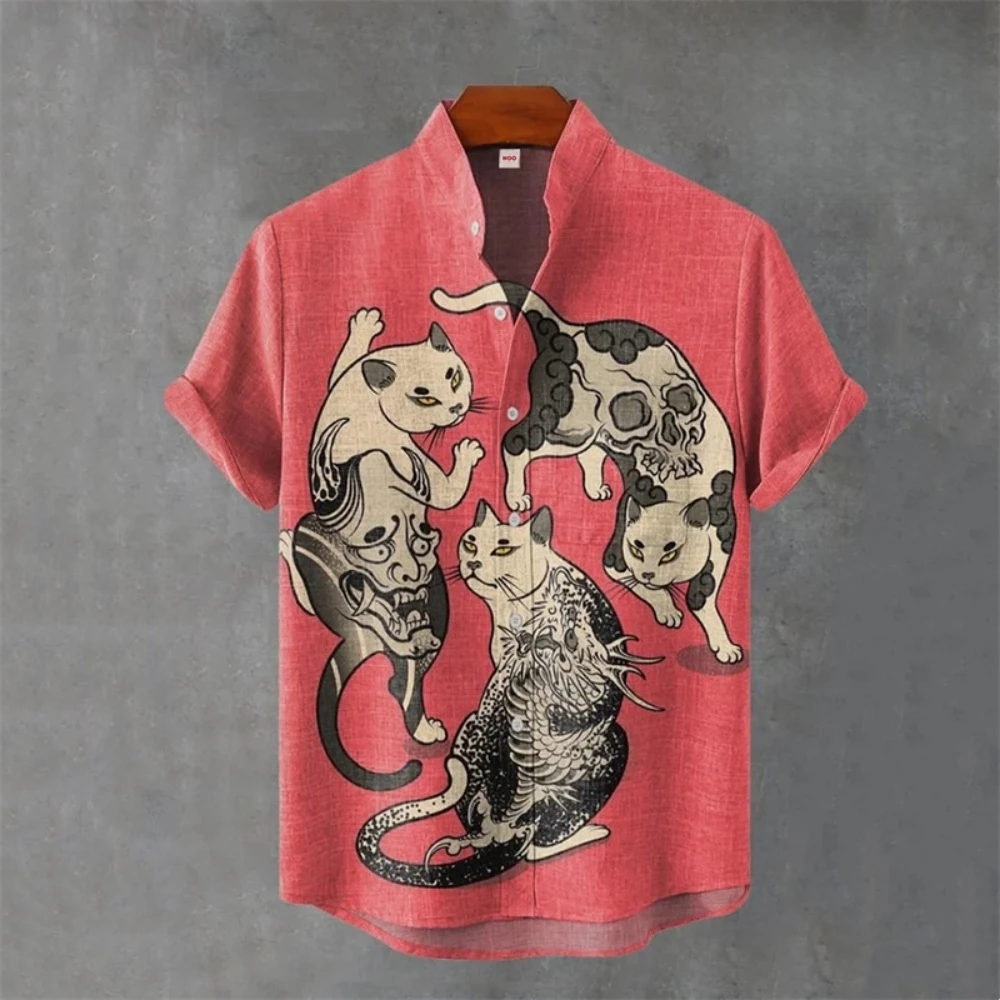 Japanese Cat 3D Animal Graphic Men's Shirt Summer Casual Short Sleeve Tops Hawaiian Shirt Men Oversized Lapel Button T-Shirt Man