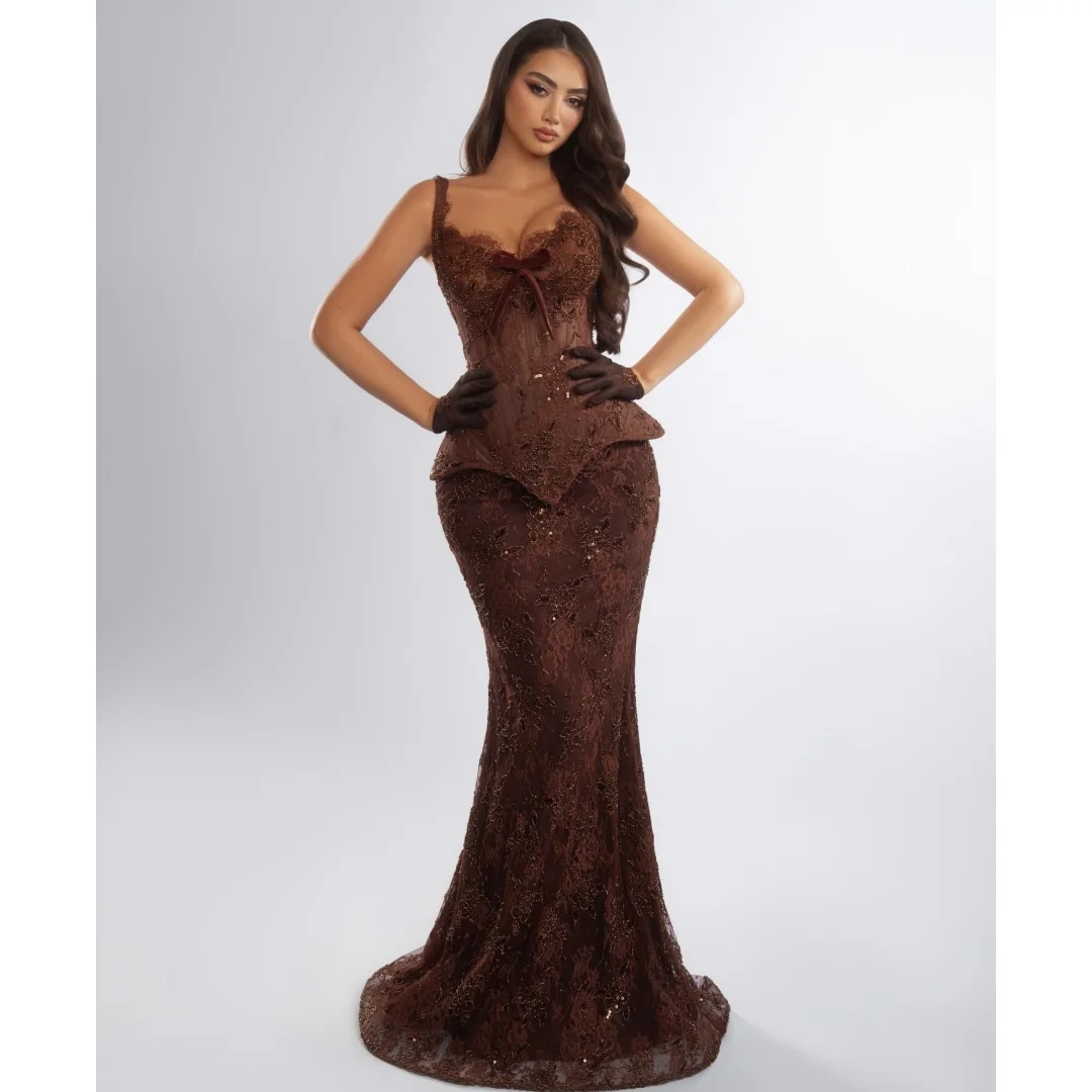 

Шоколадно-коричневые роскошные вечерние платья больших размеров, комплект из 2 предметов: кружевное платье с пайетками для выпускного вечера, официальные вечерние платья-русалка, индивидуальный пошив