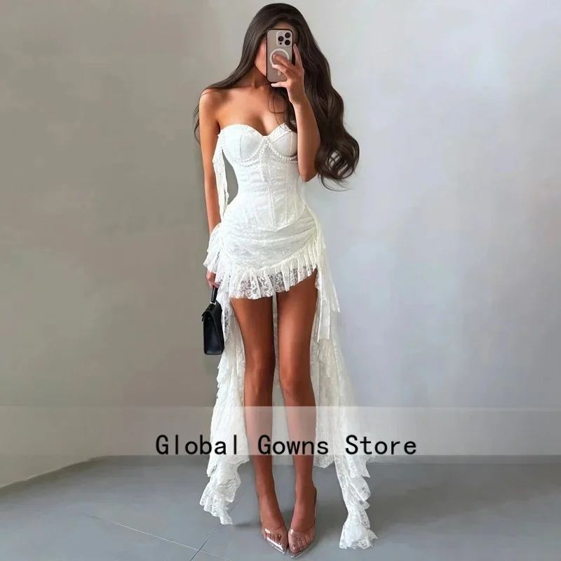 Sexy Lace Prom Dresses, Homecoming Pearl Appliques, Mini Dress, High/Low Women's Party Gowns, Women's Dress, Customized.