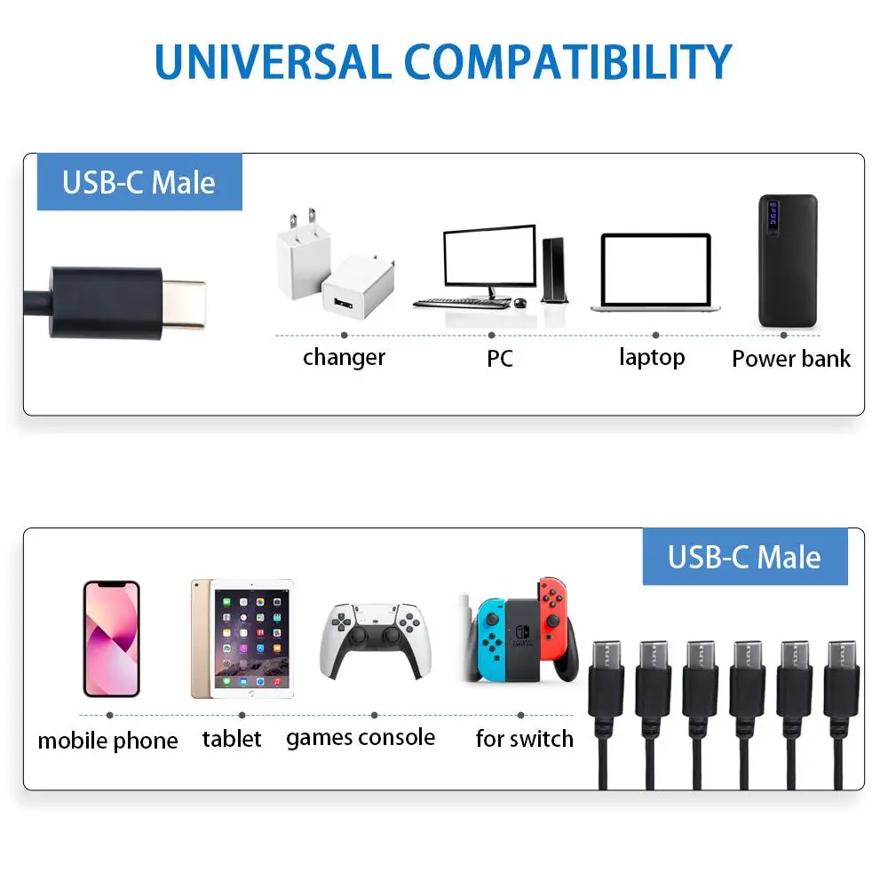 6 in 1 Type-C USB C 분배기 케이블 마이크로 USB 50cm8150cm 유형 C 남성 충전기 케이블 USB Y 분배기 검정색