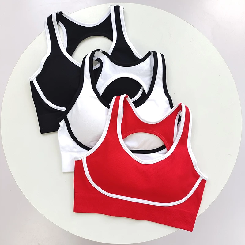 

VEQKING Color Contrast Women Yoga Bras with Pads Hollow Back Sports Crop Top Shockproof 3 Row Hooks Running Bralette Push Up Top