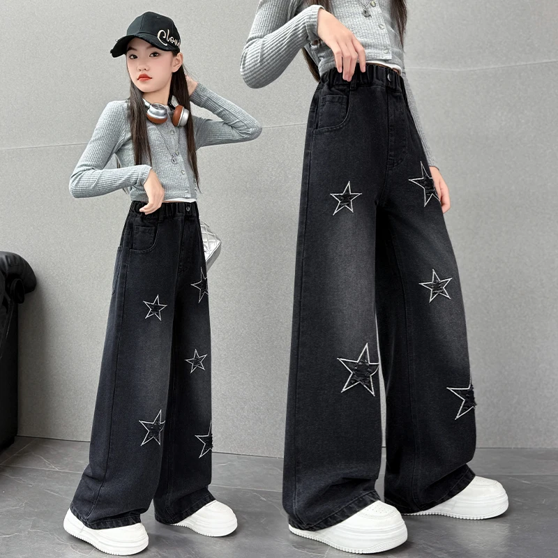 أطفال الخريف مستقيم صالح الجينز الأسود مع نجوم لفتاة توين سن 5 6 7 8 9 10 11 12 13 14 سنة الاطفال أنيق الدينيم السراويل #2