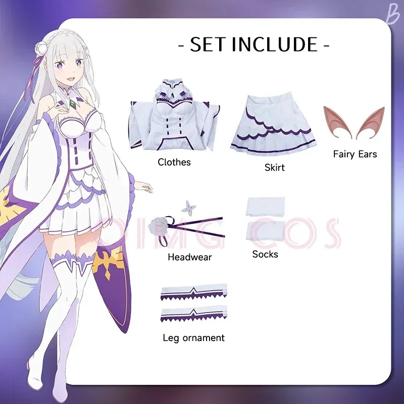 Re Zero Kara Hajimeru Isekai Seikatsu Emilia Cosplay Costumes Women Dress with  for Headdress Halloween Party
