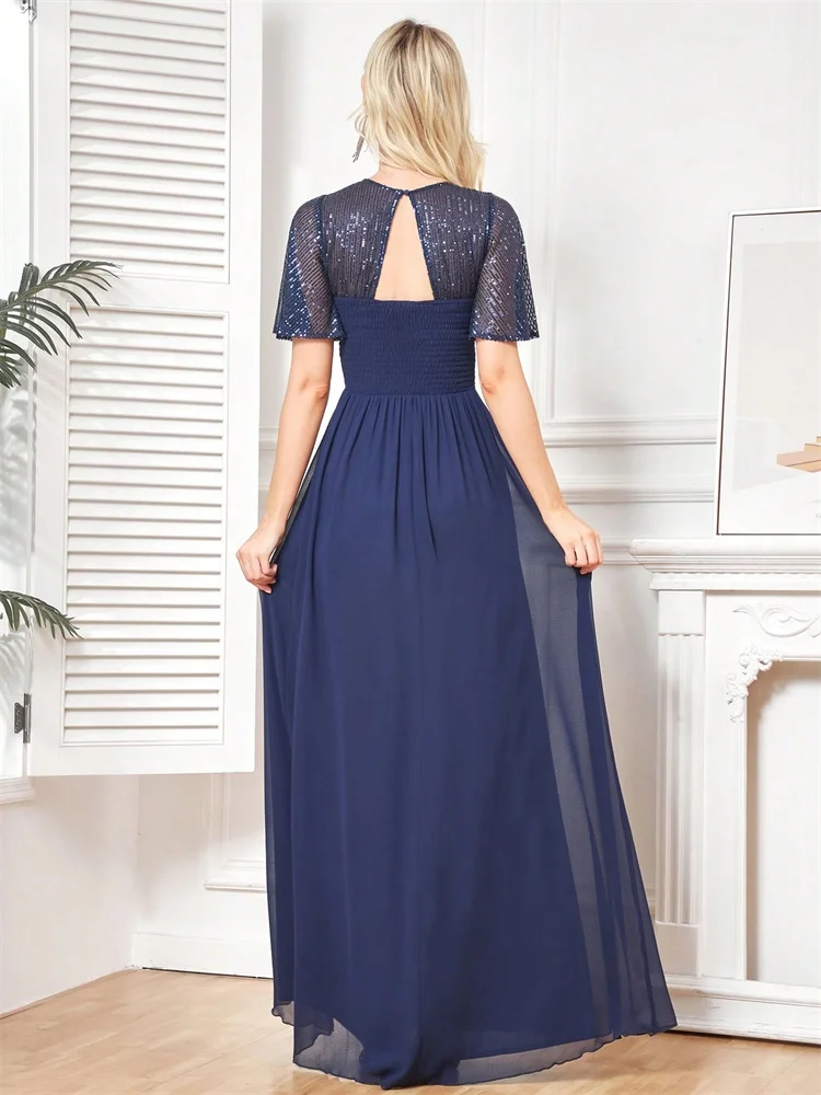 BLUEPLUM-Robe de Soirée Longue à Paillettes pour Femme, Col Rond, Bleu, Élégante, A-ligne, ixde Mariage, Bal, Cocktail, Luxe