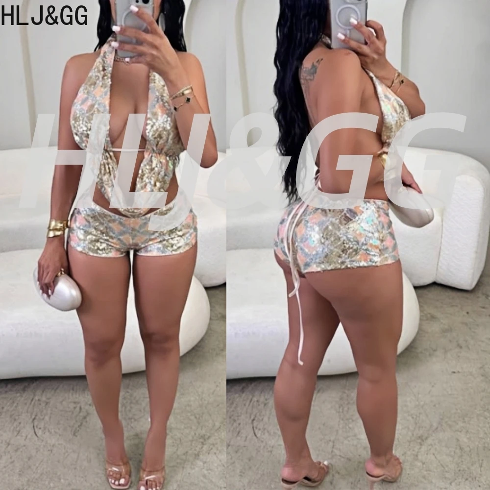 

HLJ&GG Light Pink Fashion Sequin Hollow Bandage Two Piece Sets Women Sleevless Backless Lace Up Top And Shorts Outfit Streetwear