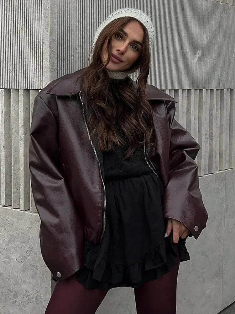 レディース無地ジッパーオーバーコートファッションラペルカラー長袖ルーズショートPUレザージャケット2025秋レディースストリートアウター