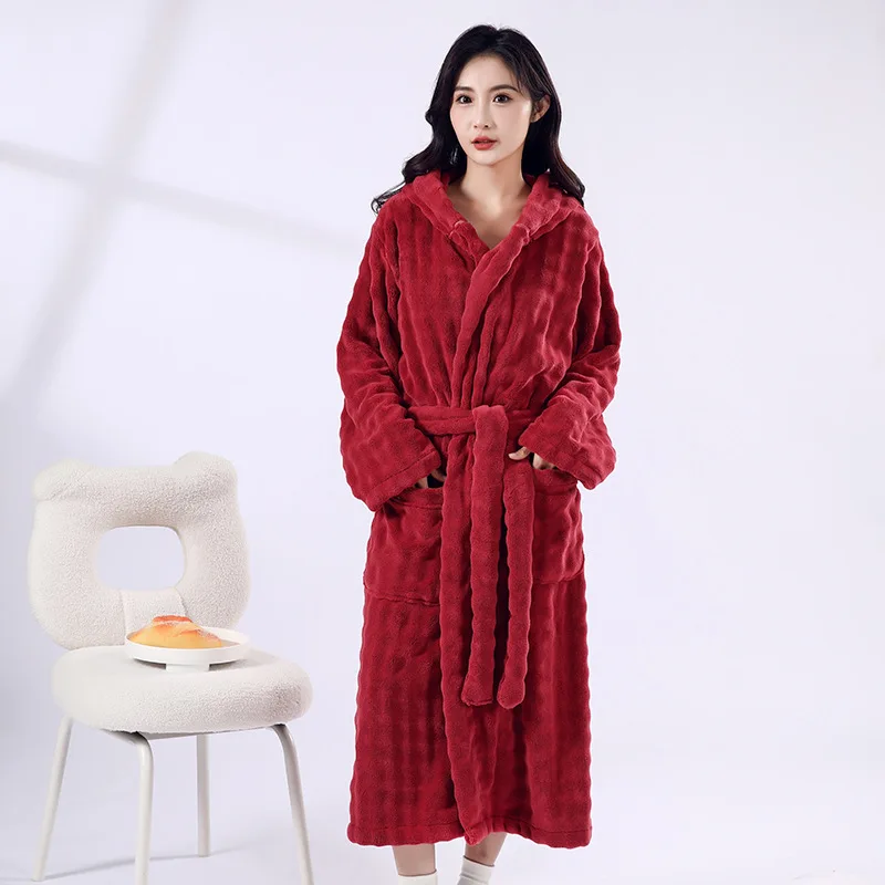 Winter Long Warm Flannel Bathrobe Plus Size Coral Fleece Bath Robe Solid Homewear  Hood Water-absorbentWomen Thick Sleepwear