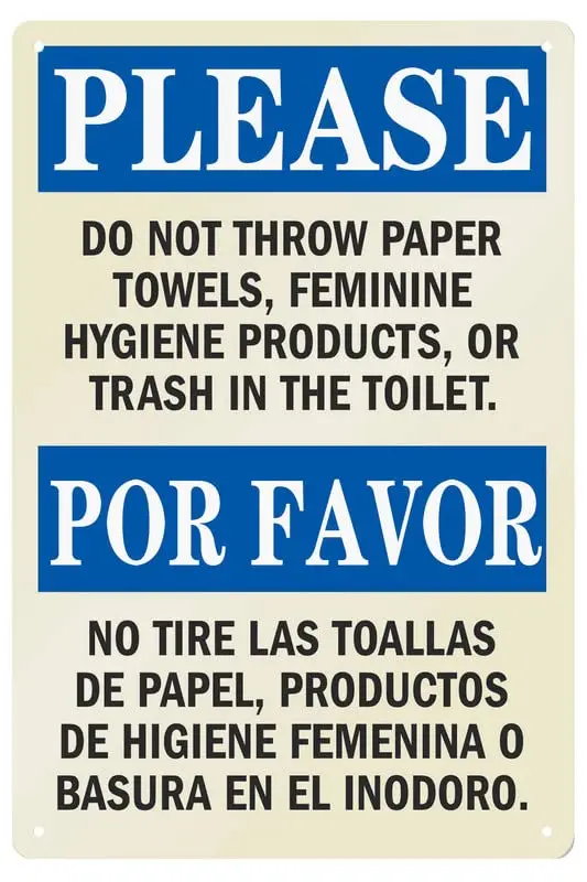 IN Metal Sign Please Do Not Throw Paper Towels, Feminine Hygiene Products, Or Trash In The Toilet Bilingual Sign | Tin Sign