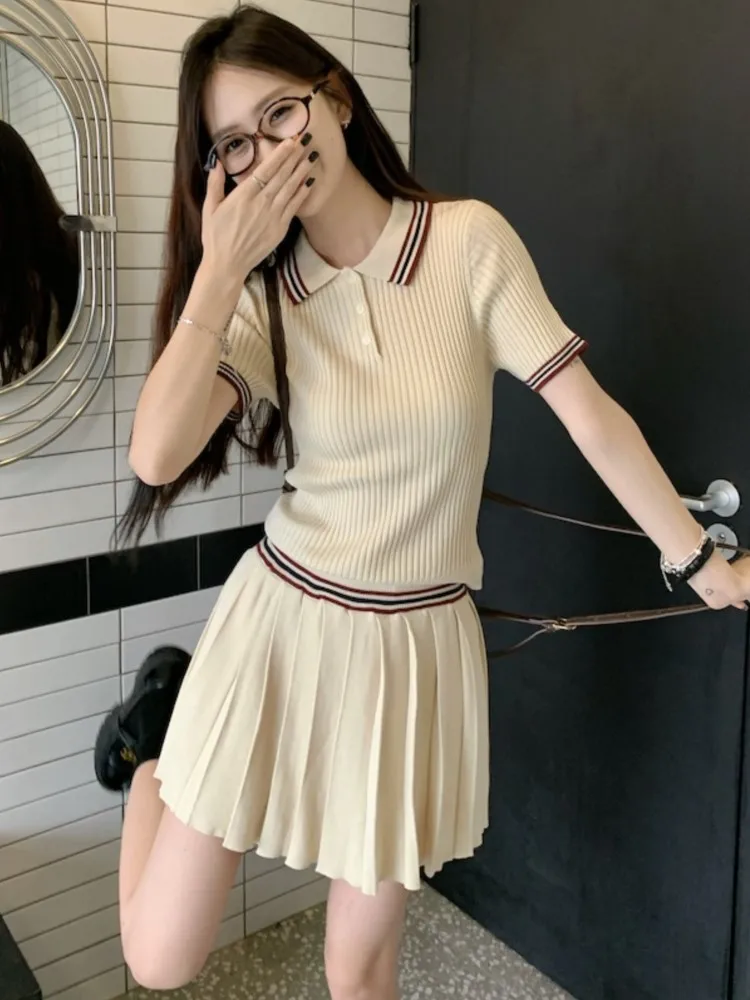 Autumn Knitted Two-piece Skirt Set Women Turn-down Collar Short Sleeve Top Pleated Mini Skirt Korean Fashion Knitting Outfits