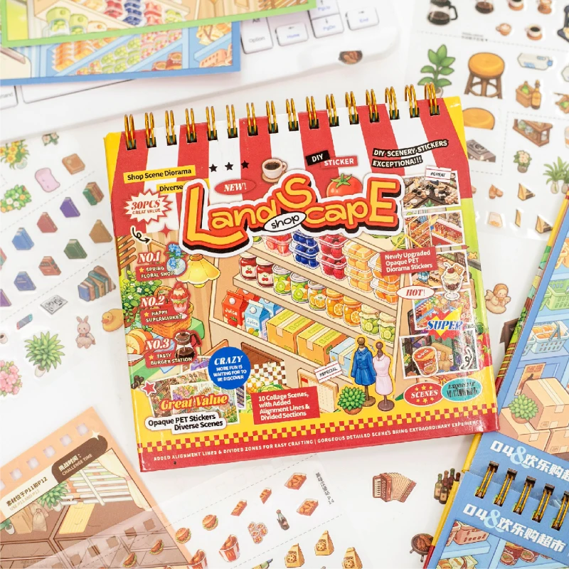 TIANZI 30-Piece Cartoon Miniature Scene Sticker Book DIY Creative Handmade Collage Decals Mini 3D Cottage Journal Materials