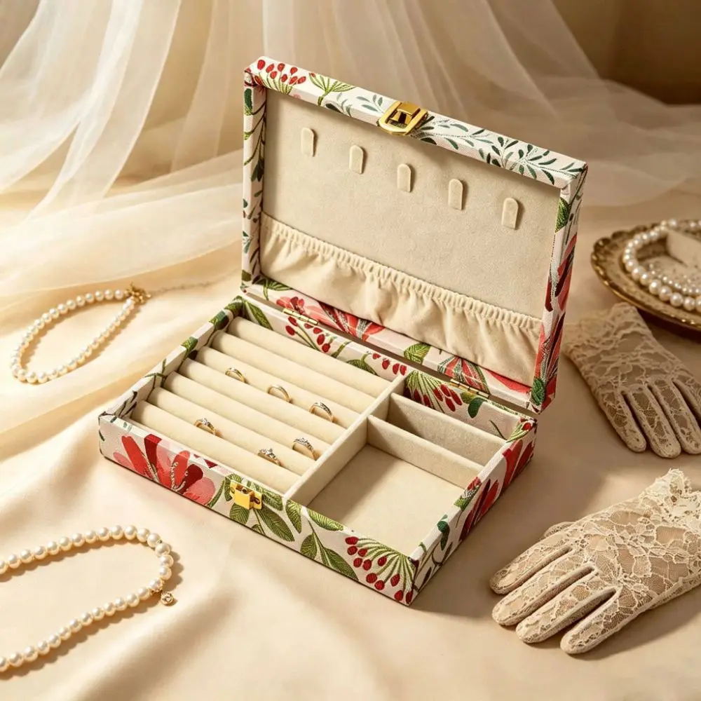 Retro Wooden Jewelry Box Embroidered Floral Vintage Jewelry Case Large Capacity Luxury Multi Compartment Jewelry Holder