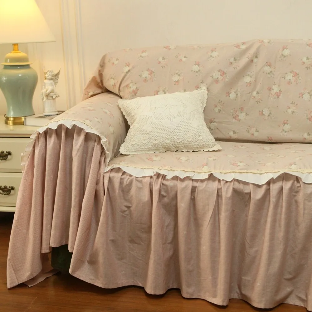 French Korean Retro Plaid Lace Cotton Sofa Towel 2 and 3 Seater Sofa Cover Ruffle Leaf Edge Whole Cover Extra Large Size