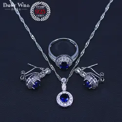 classic style blue stone silver 925 costume jewelry for women hoop earrings ring necklace with pendant factory directly sales