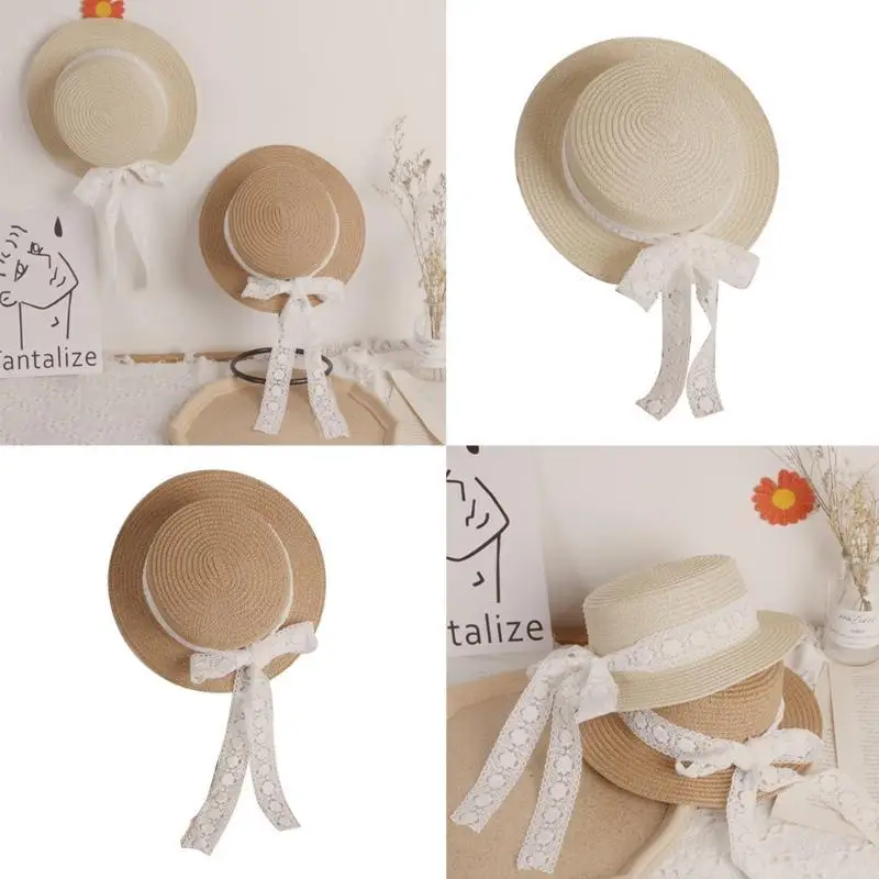 

39BD летняя тканая соломенная шляпа для малышей с бантом и кружевной лентой, солнцезащитный крем с широкими полями для защиты