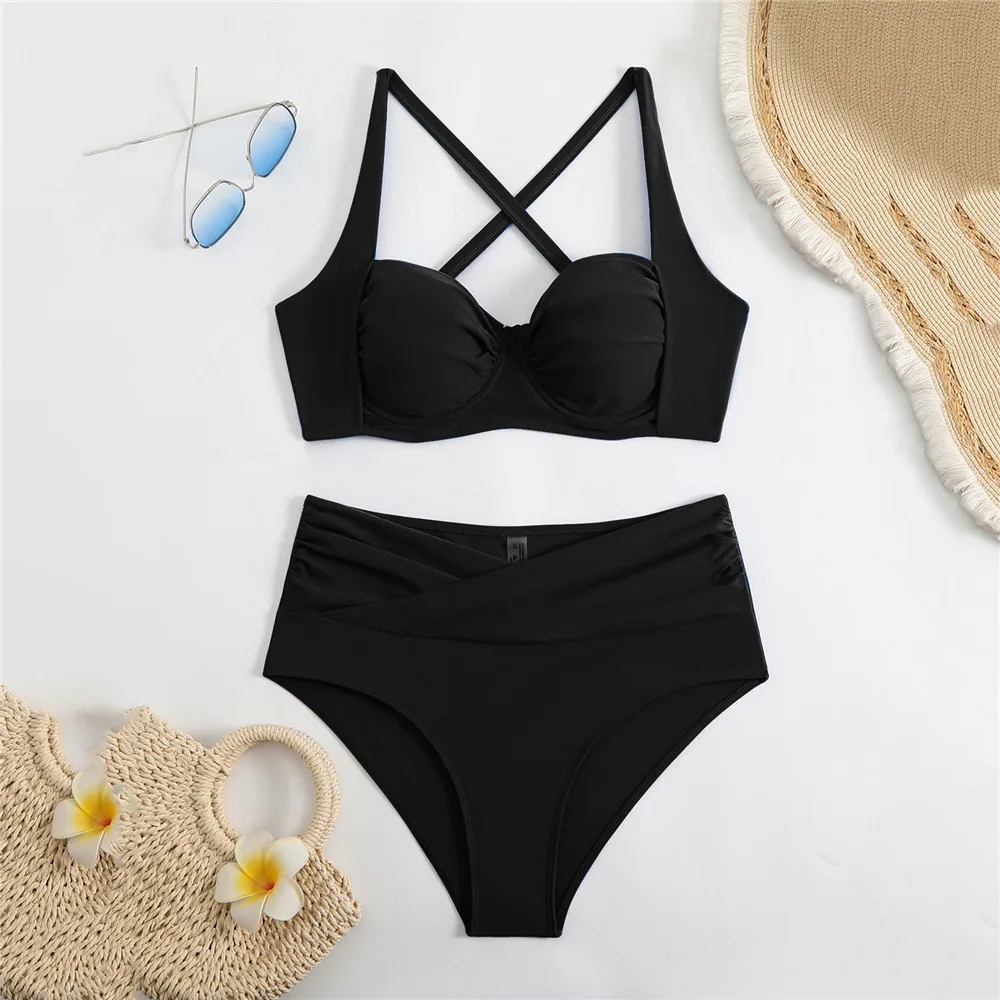 

Black High Waisted Bikini Push Up Sexy Swimsuit Women 2025 Swimwear Back Cross Bandage Bathing Suit Brazilian Bikinis Sets Mujer