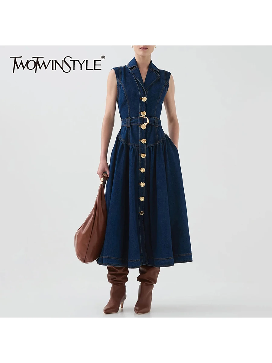 Twotwinstyle ファッションスプライシングシングルブレストカウボーイドレス女性のためのラペルノースリーブパッチワークベルト気質ドレス女性