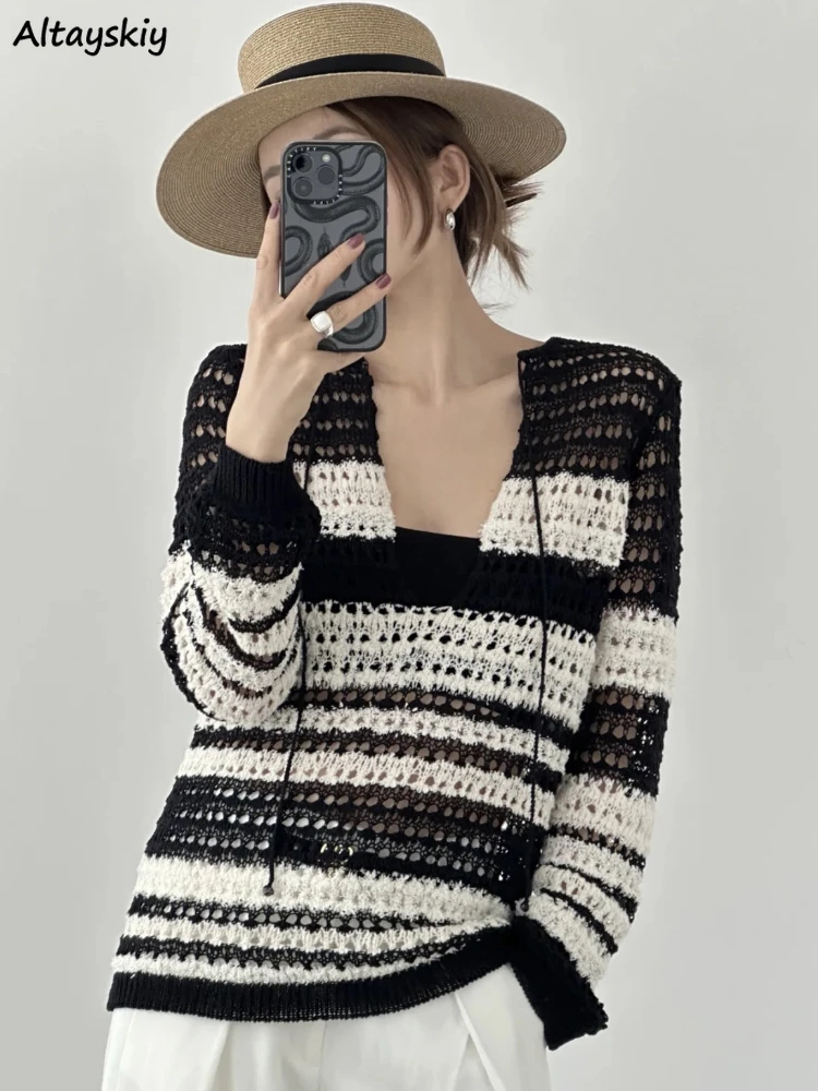 Pullovers Women Leisure All-match Streetwear Loose Comfortable Tender Holiday Lace-up Creativity Students Trendy Striped Elegant