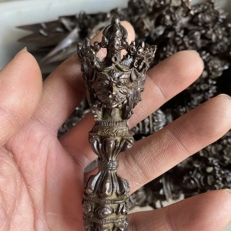 Large Alloy Tibetan Tantric Vajra with Three Faces, Length 19cm