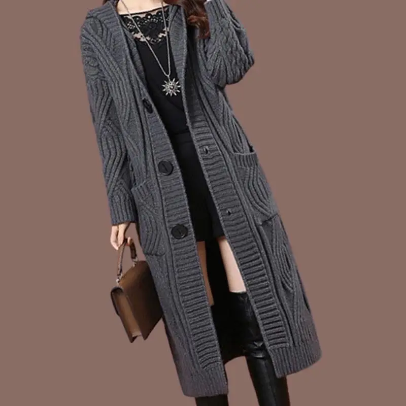 2024 Winter Large Size Hooded Mid-long Knitted Cardigan Thick Sweater Coat Solid Color Loose Over The Knee Women\'s Wear Clothing