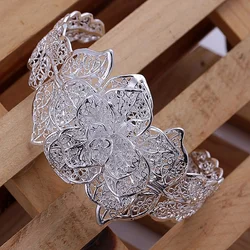 925 Sterling Silver jewelry bangle Hot engagement  exquisite retro charm hollow big women lady flowers openings bracelet