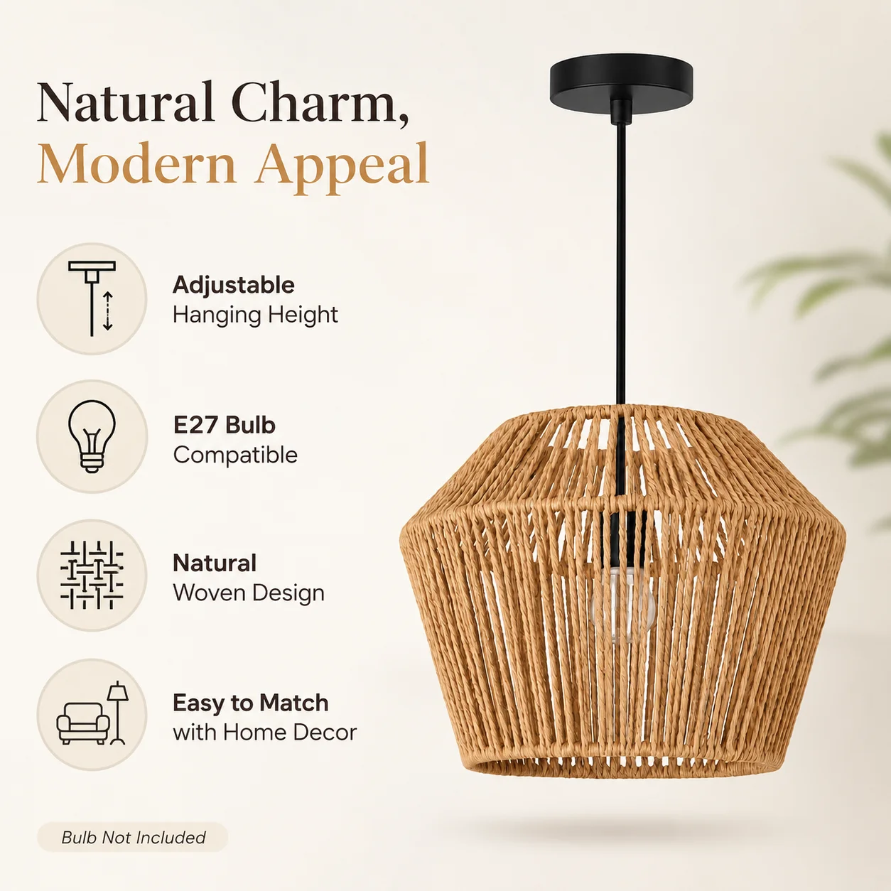 JOYINLED Brown Modern Boho Rattan Hanging Lamp 30CM Diameter Paper Rope Lamp Shade E27 Wicker Chandelier Home Decor Pendant Lamp