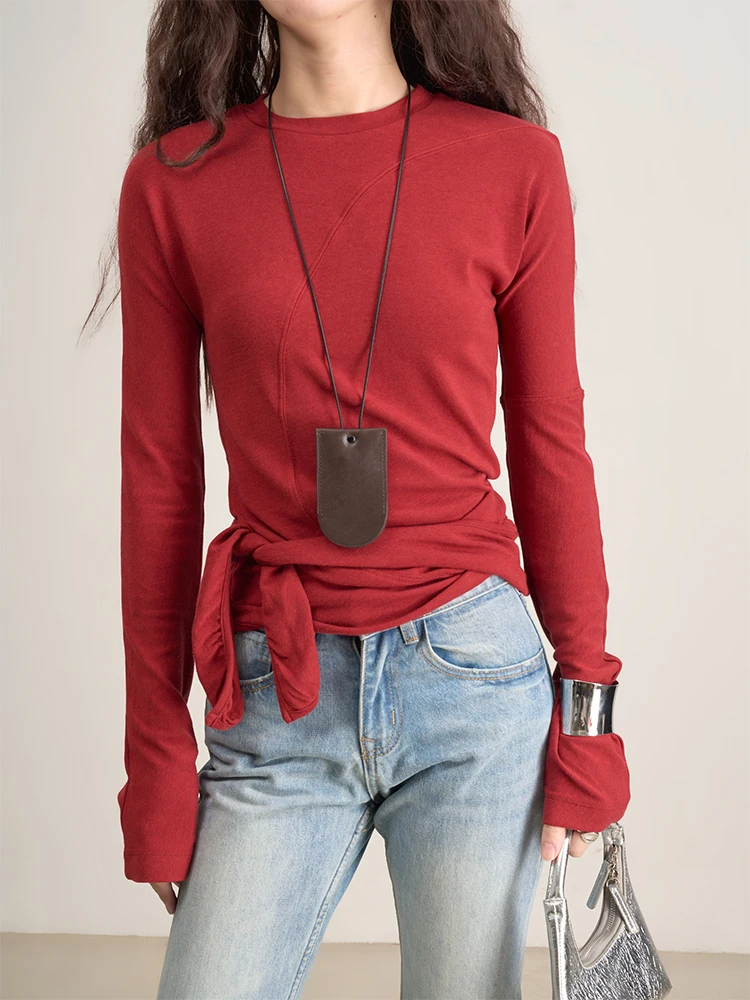 

Универсальная женская футболка LANVIVIER с круглым вырезом, длинными рукавами, модным дизайном и эффектом тай-дай, с перекрестными завязками