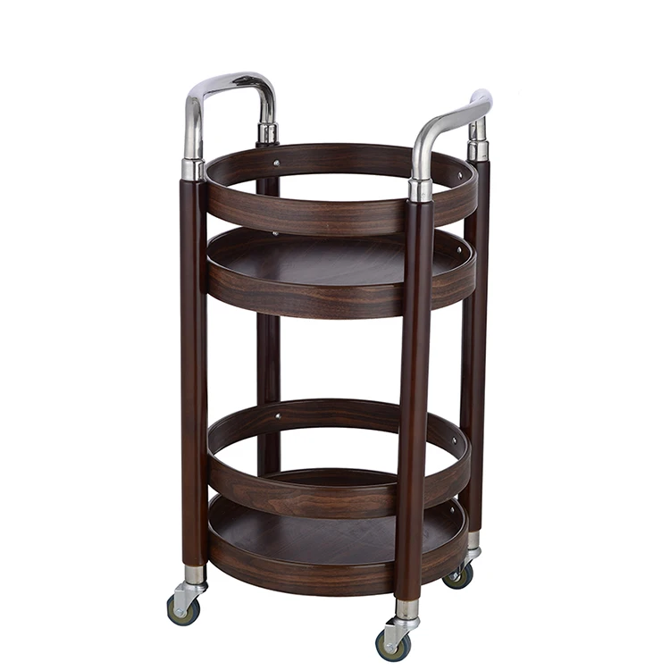 

Wooden star hotel Movable round Wine Trolley Rolling 2 Tier Cart Rack Bar service Storage cart for hotel and restaurant