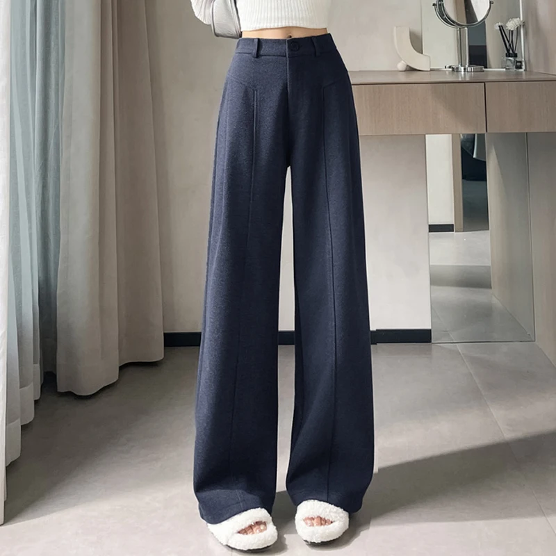 ارتفاع الخصر النساء السراويل الخريف الشتاء السراويل الصوفية مرونة الخصر فضفاضة بنطال ذو قصة أرجل واسعة عادية السراويل الطويلة فام #2