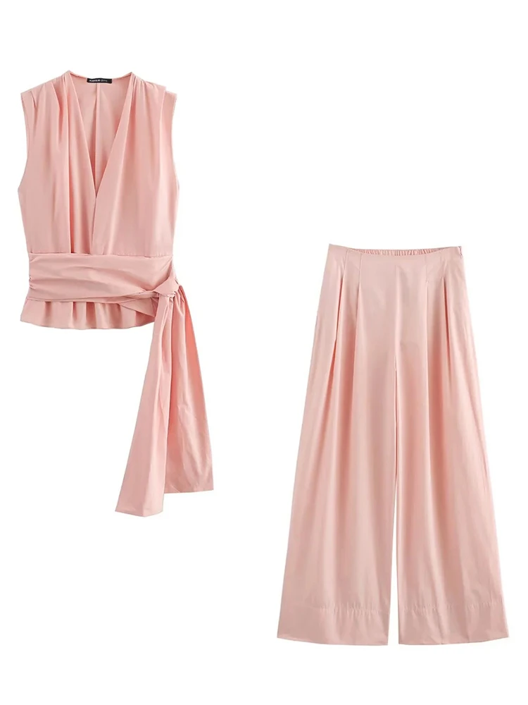 GALCAUR-Conjunto de dos piezas para mujer, Tops de retazos sin mangas con cuello en V, pantalones de bolsillo empalmados sueltos de cintura alta, color rosa, Verano